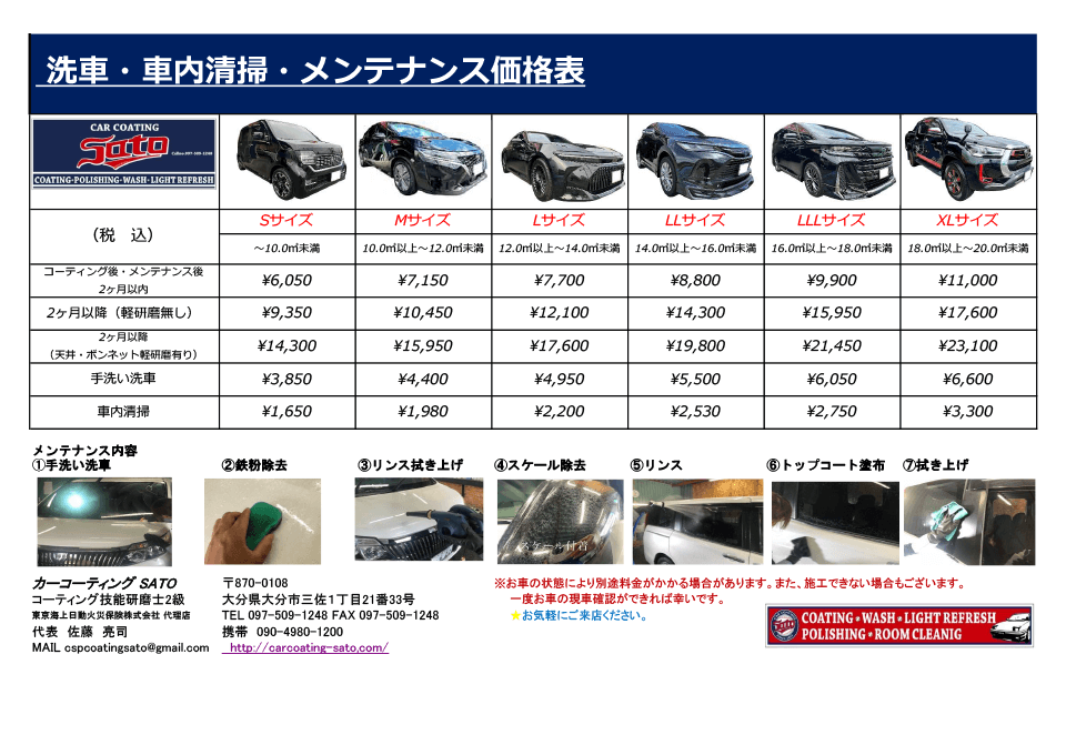 メンテナンスの料金表